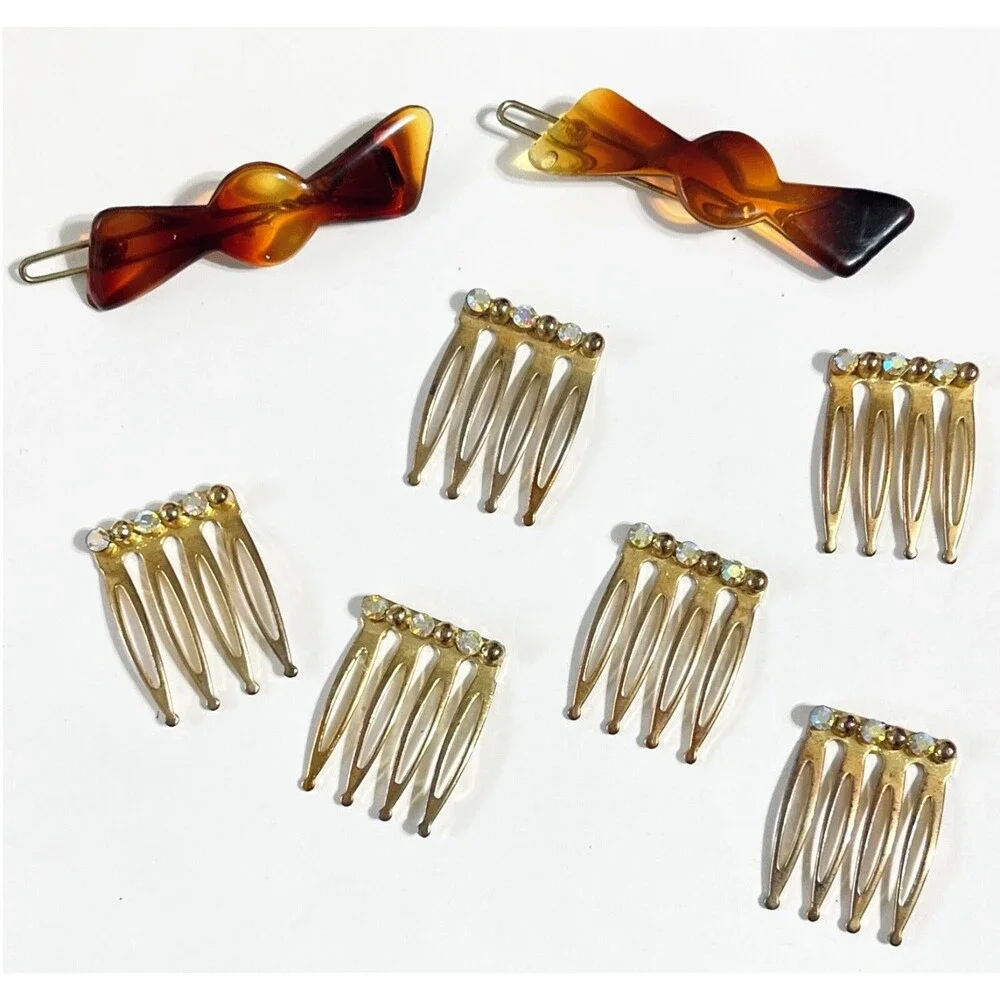 Vtg Retro Gold Tone Hair Barrettes Pins Combs Clip Rhinestone Butterfly Flower